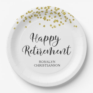 Retirement Modern Gold Confetti Name Paper Plate