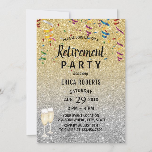 Retirement Modern Gold & Silver Glitter Invitation (Front)