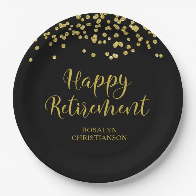 Retirement Modern Script Gold Confetti Name Paper Plate (Front)