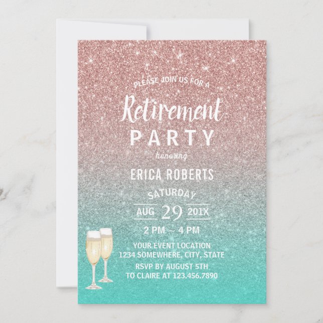Retirement Modern Turquoise & Rose Gold Glitter Invitation (Front)