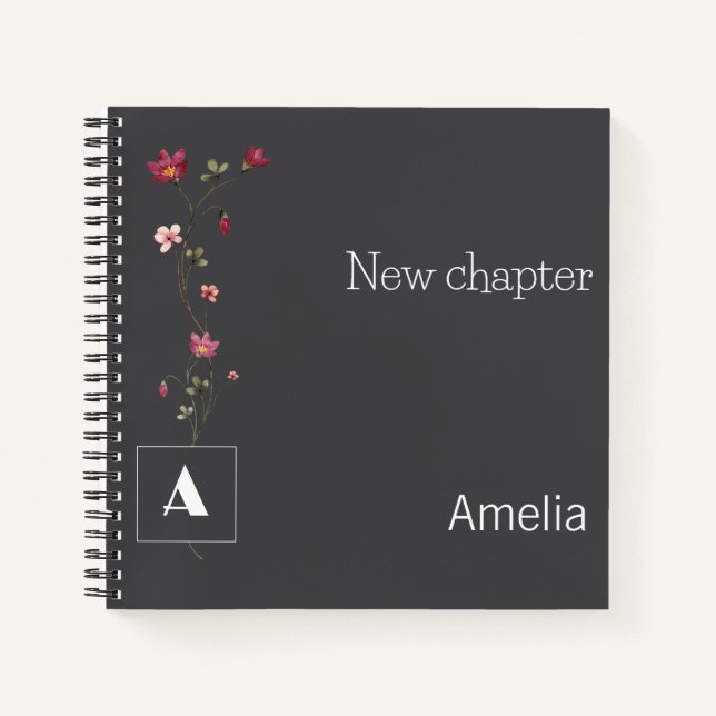 Retirement monogram watercolor floral name grey notebook (Front)