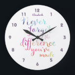 Retirement Never Forget The Difference You Made Large Clock<br><div class="desc">A beautiful retirement gift idea for teachers,  nurses,  doctors,  pastors etc. Perfect as a retirement or thank you present. This great "never forget the difference you've made" saying is featured in a pretty watercolor typography. Can be personalised.</div>