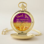 Retirement nurse midwife purple gold bow thank you pocket watch<br><div class="desc">Elegant,  classic,  glamourous and feminine. A gift for a retired nurse midwife.   A faux gold coloured bow and ribbon with golden glitter and sparkle,  a bit of bling and luxury. Purple coloured background. With the text: Thank You,  templates for a name and occupation,  profession.</div>