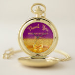 Retirement nurse purple gold bow thank you pocket watch<br><div class="desc">Elegant,  classic,  glamourous and feminine. A gift for a retired nurse.   A faux gold coloured bow and ribbon with golden glitter and sparkle,  a bit of bling and luxury. Purple coloured background. With the text: Thank You,  templates for a name and occupation,  profession.</div>