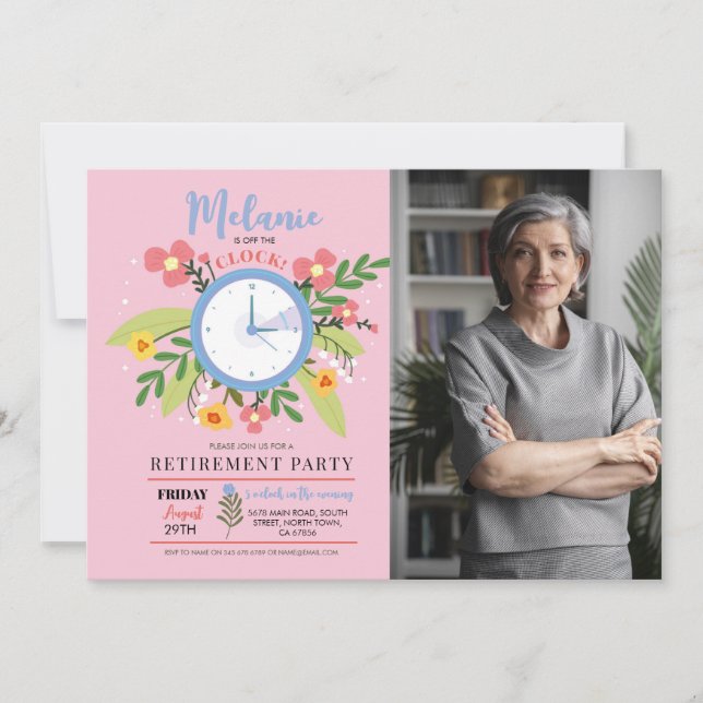 Retirement Off The Clock Women's Floral Fun Photo Invitation (Front)