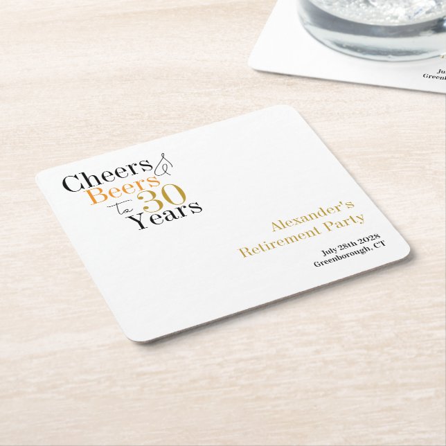Retirement Party 30 Years Cheers and Beers Minimal Square Paper Coaster (Angled)