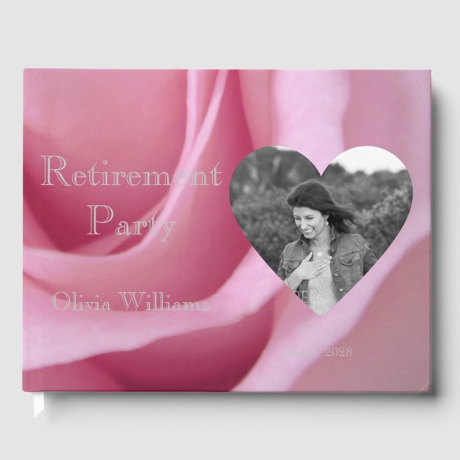 Retirement Party Add Photo Pink Rose Floral Guest Book (Front)
