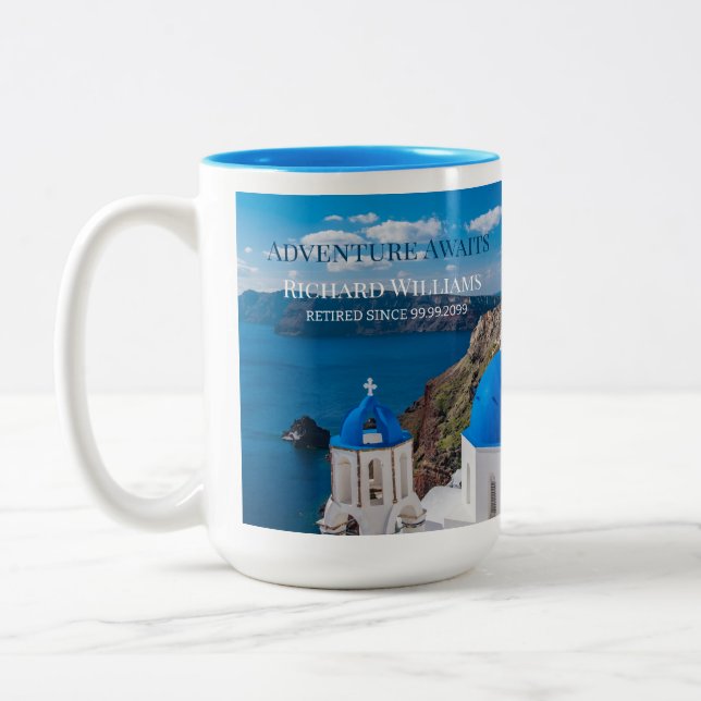 Retirement Party Adventure Awaits Greece Medit Two-Tone Coffee Mug (Left)