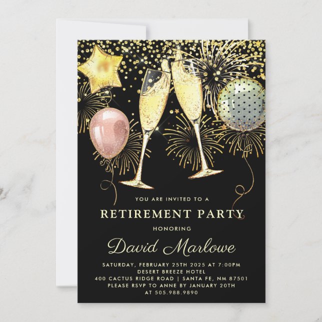 Retirement Party Balloons Gold Glitter Black  Invitation (Front)