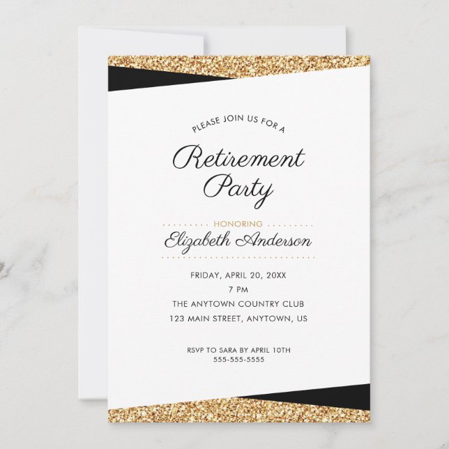 Retirement Party | Black and Gold Glitter Invitation (Front)