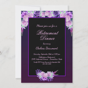 Retirement Party Black and Purple Floral Dinner Invitation