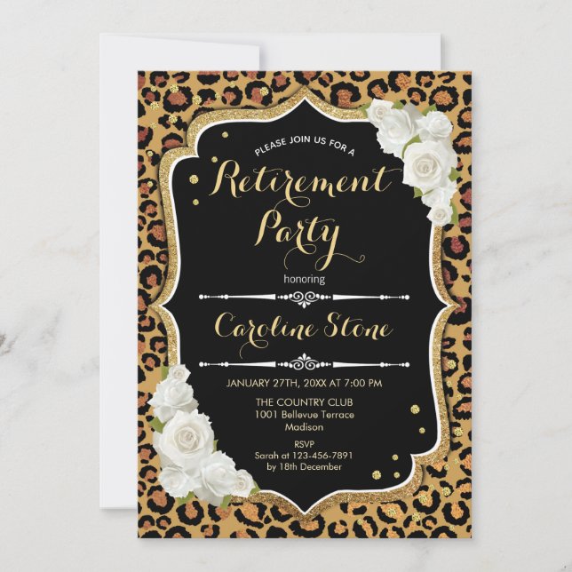 Retirement Party - Black Gold Leopard Print Invitation (Front)