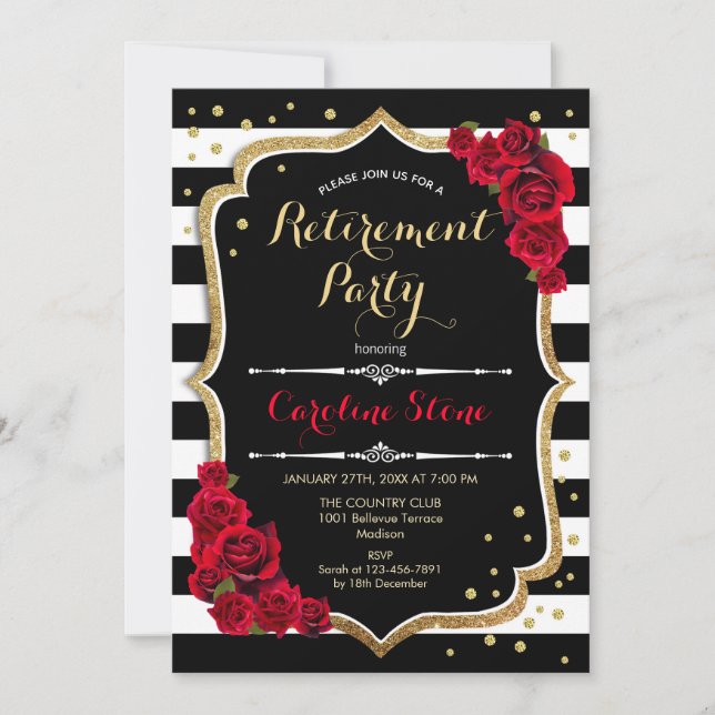 Retirement Party - Black White Stripes Roses Invitation (Front)