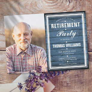 Retirement Party Blue Rustic Wood Photo Invitation