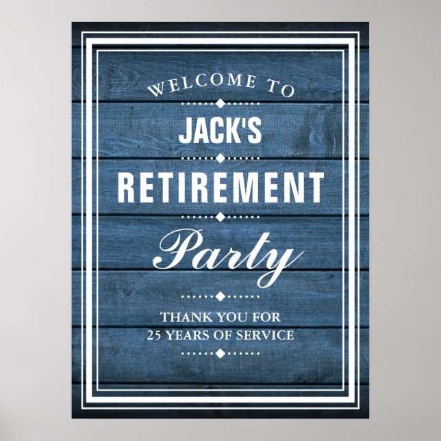 Retirement Party Blue Rustic Wood Welcome Sign (Front)