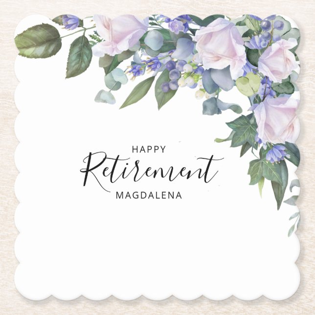 Retirement Party Blue White Floral Paper Coaster (Front)