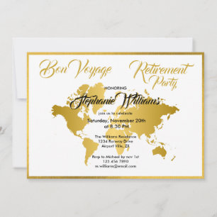 Retirement Party Bon Voyage Golden Border Worldmap Invitation