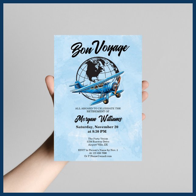 Retirement Party Bon Voyage Travel Globe Plane  Invitation (Creator Uploaded)