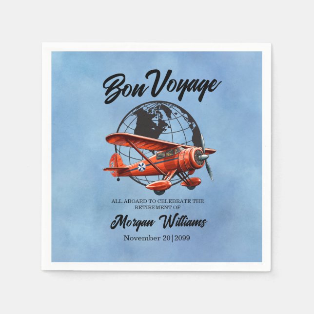 Retirement Party Bon Voyage Travel Globe Plane  Napkin (Front)