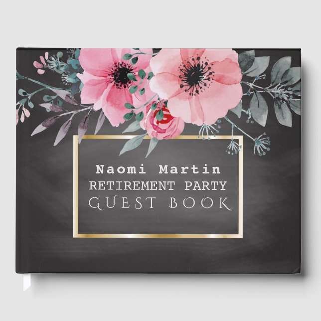 Retirement Party | Chalkboard Pink Elegant Floral Guest Book (Front)