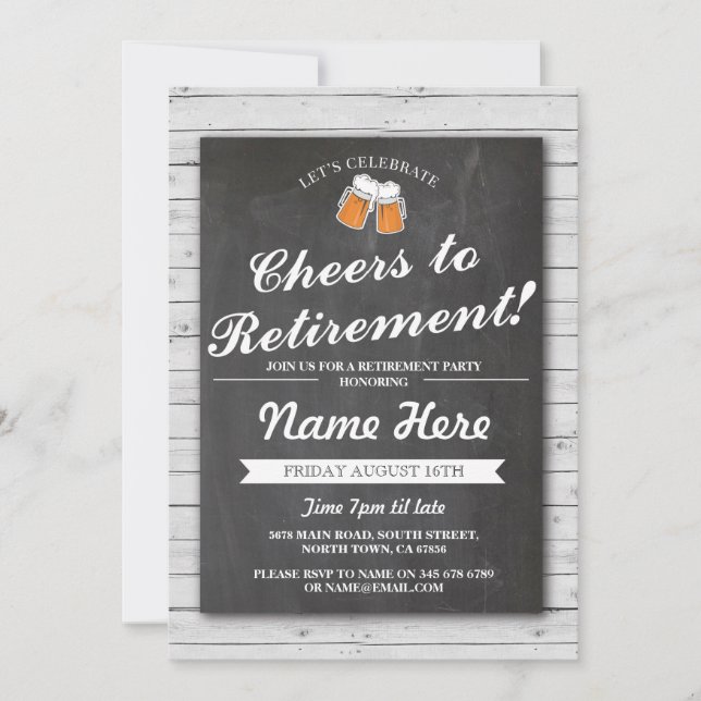 Retirement Party Cheers Beers Grey Wood Invitation (Front)