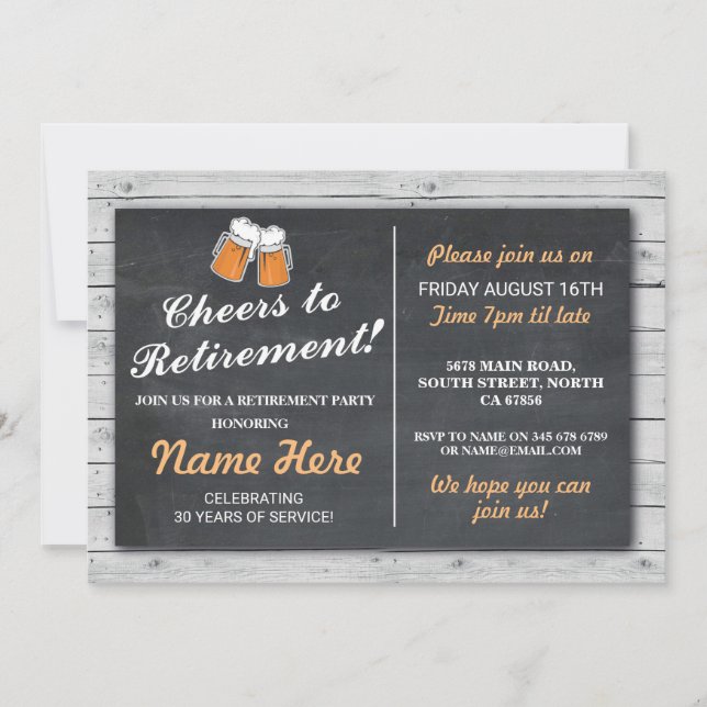 Retirement Party Cheers Beers Wood Chalk Invite (Front)