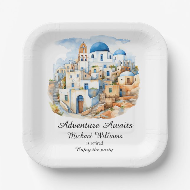 Retirement Party Colourful Greece Village Ocean Paper Plate (Front)