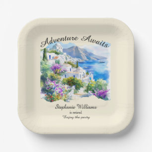 Retirement Party Colourful Greece Village Ocean Paper Plate