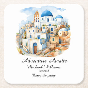 Retirement Party Colourful Greece Village Ocean Square Paper Coaster