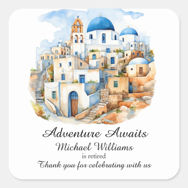 Retirement Party Colourful Greece Village Ocean Square Sticker (Front)
