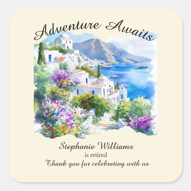 Retirement Party Colourful Greece Village Ocean Square Sticker (Front)