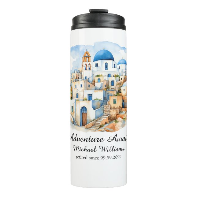 Retirement Party Colourful Greece Village Ocean Thermal Tumbler (Front)