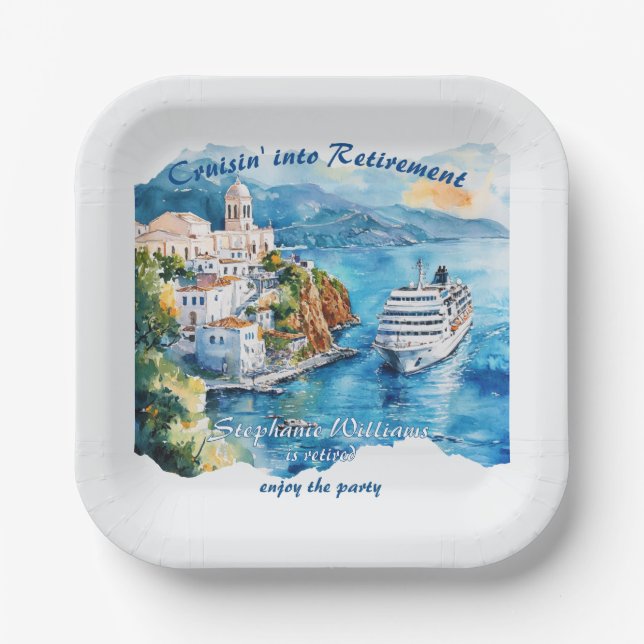 Retirement Party Cruising Destination Greece  Paper Plate (Front)