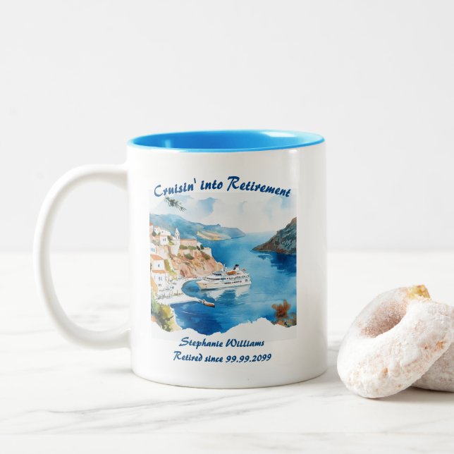 Retirement Party Cruising Destination Greece  Two-Tone Coffee Mug (With Donut)