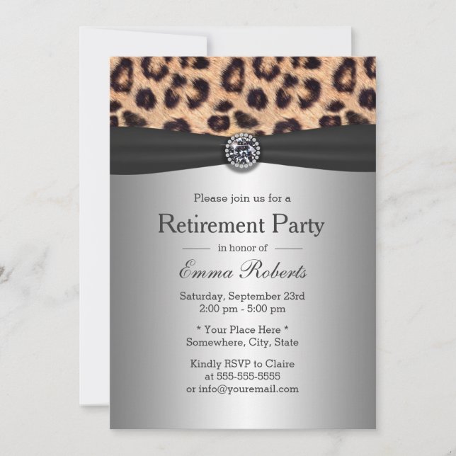 Retirement Party Diamond & Leopard Print Silver Invitation (Front)
