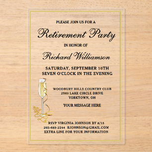 Retirement Party Elegant Black and Gold Acrylic Invitations