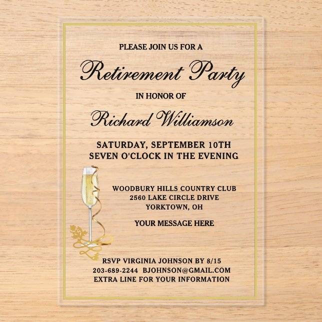 Retirement Party Elegant Black and Gold Acrylic Invitations (Front)