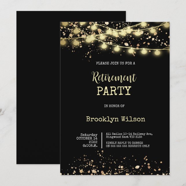 Retirement Party Elegant Black and Gold Invitation (Front/Back)