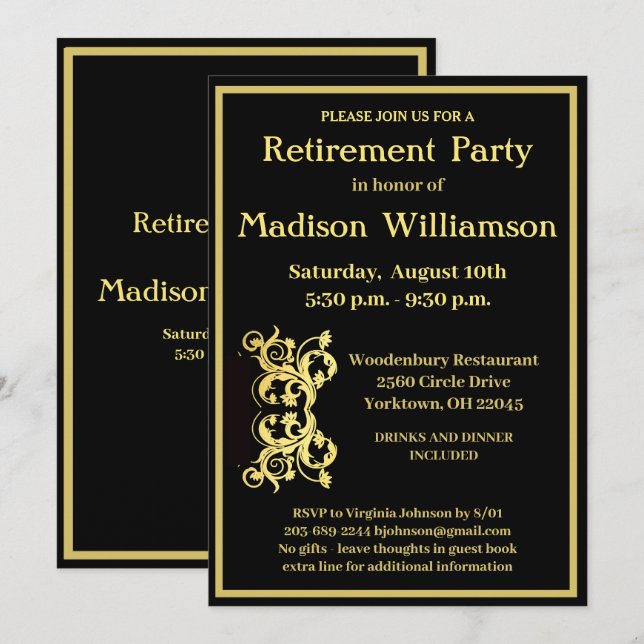 Retirement Party Elegant Black Gold  Invitation (Front/Back)