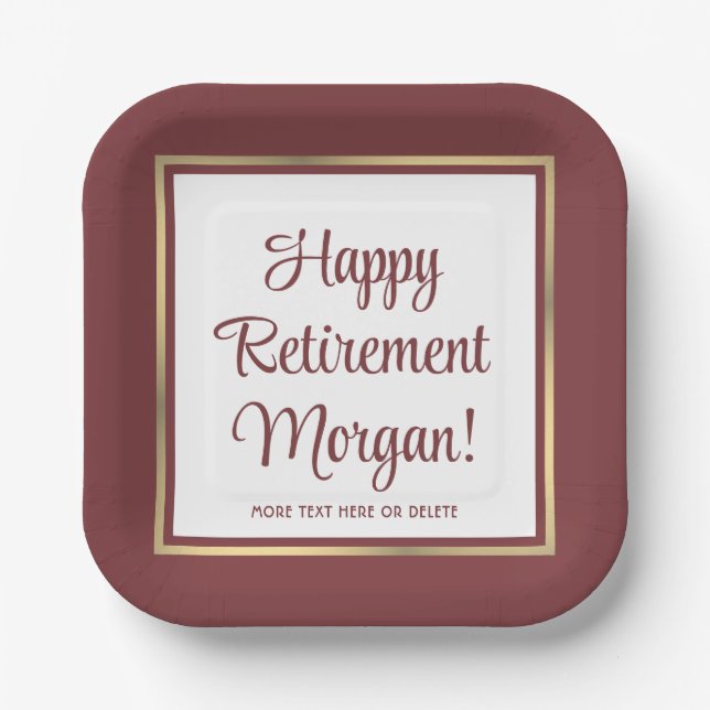 Retirement Party Elegant Burgundy and Gold Square Paper Plate (Front)