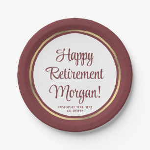 Retirement Party Elegant Burgundy & Gold Bordered Paper Plate
