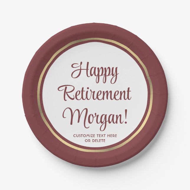 Retirement Party Elegant Burgundy & Gold Bordered Paper Plate (Front)