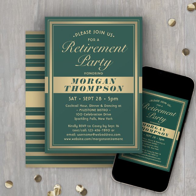 Retirement Party Elegant Green and Gold Script Invitation (Creator Uploaded)