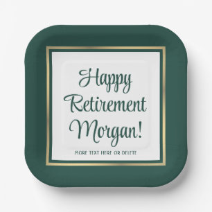 Retirement Party Elegant Green and Gold Square Paper Plate