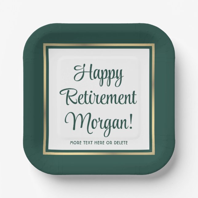 Retirement Party Elegant Green and Gold Square Paper Plate (Front)