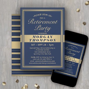 Retirement Party Elegant Navy Blue and Gold Script Invitation