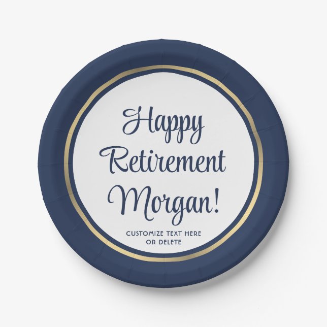 Retirement Party Elegant Navy Blue & Gold Bordered Paper Plate (Front)