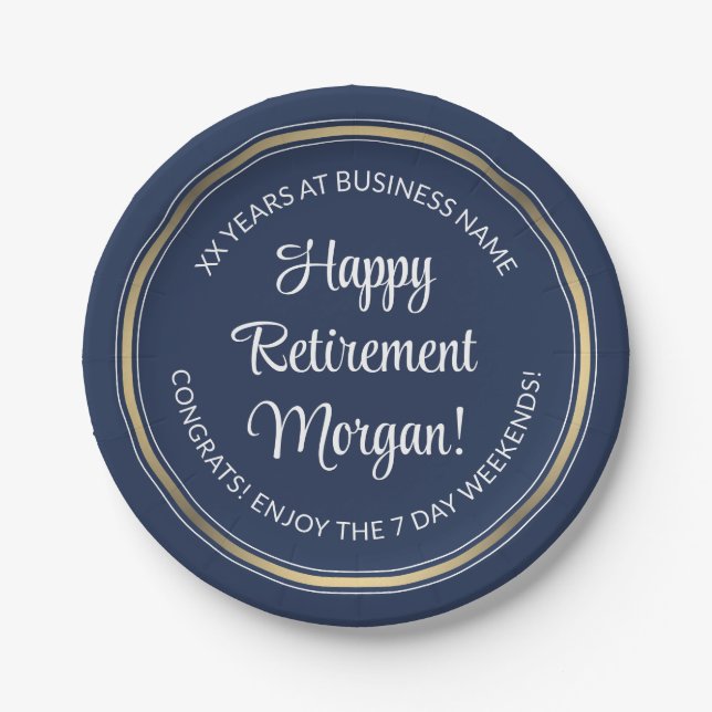 Retirement Party Elegant Navy Blue, White & Gold Paper Plate (Front)