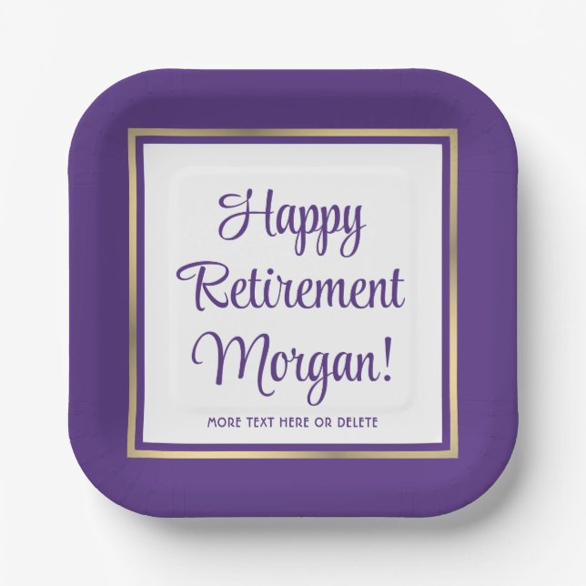 Retirement Party Elegant Purple and Gold Square Paper Plate (Front)