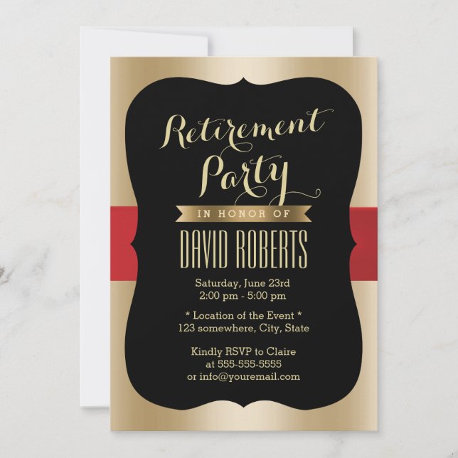 Retirement Party Elegant Red Belt Black & Gold Invitation (Front)